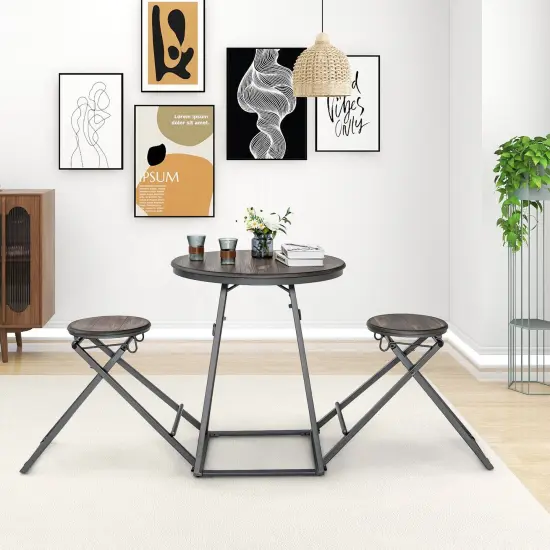 3 Pieces Dining Table Set with 2 Foldable Stools for Small Space-Gray {2}