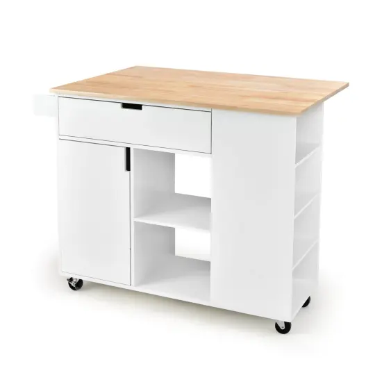 Drop-Leaf Kitchen Island with Rubber Wood Top White {3}