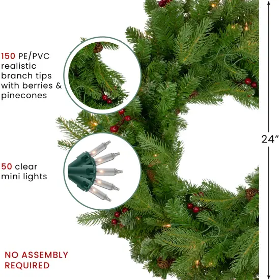 Northlight Real Touch&trade;️ Pre-Lit Mixed Winter Berry Pine Artificial Christmas Wreath - 24" - Clear Lights Green {6}