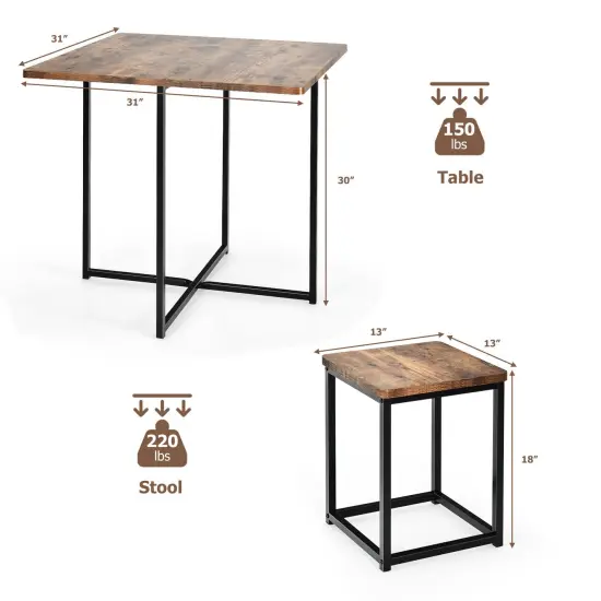 5 Pieces Metal Frame Dining Set with Compact Dining Table and 4 Stools Walnut - Black {4}