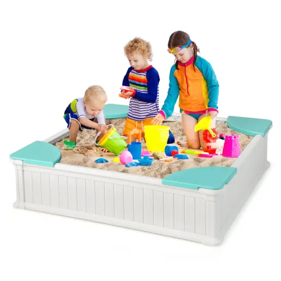 Kids Outdoor Sandbox with Oxford Cover and 4 Corner Seats White {3}