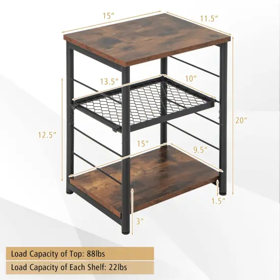 3-Tier Industrial Side Table with Adjustable Mesh Shelf-Rustic Brown {5}