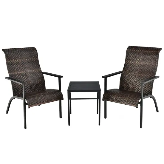 3 Pieces Patio Rattan Bistro Set with High Backrest and Armrest Brown {1}
