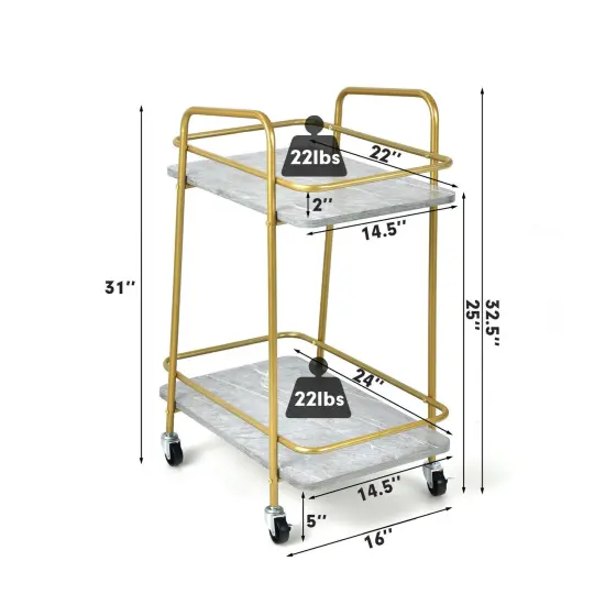 2-tier Kitchen Rolling Cart with Steel Frame and Lockable Casters-Gray {5}