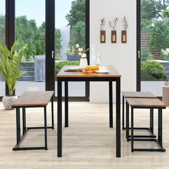 4 Pieces Industrial Dining Table Set with Bench and 2 Stools-Brown {2}