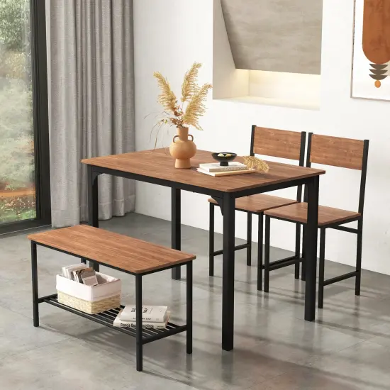 4 Pieces Rustic Dining Table Set with 2 Chairs and Bench Brown {1}