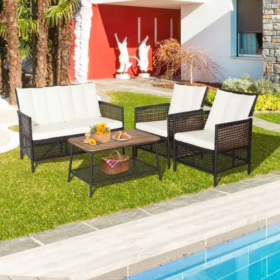 4 Pieces Patio Rattan Furniture Set with 2-Tier Coffee Table-White {2}