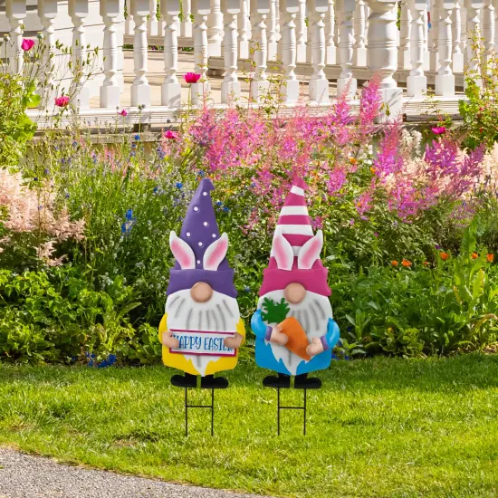 Northlight Happy Easter Gnomes Outdoor Garden Stakes - 27" - Set of 2 Pink {1}