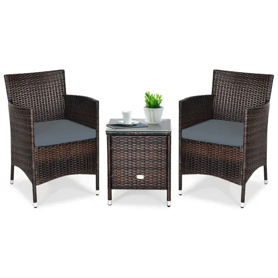 3 Pieces Patio Wicker Rattan Furniture Set with Steel Frame and Polyester Cushions Grey {4}