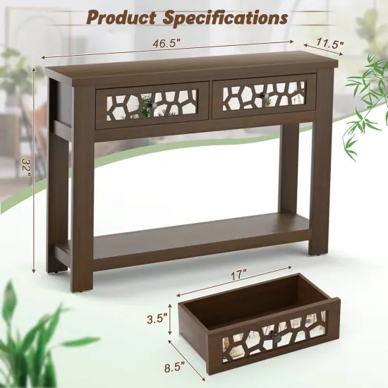 2-Tier Console Table with Drawers and Open Storage Shelf Brown {4}