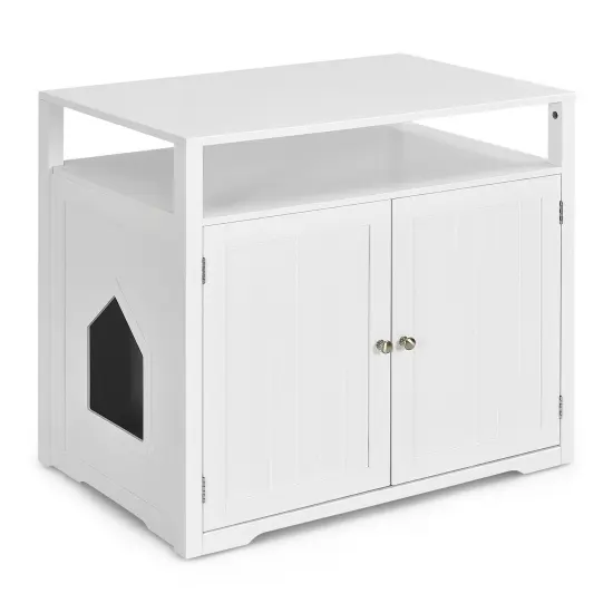 Wooden Cat Litter Box Enclosure Hidden Cat Washroom with Storage Layer White {3}