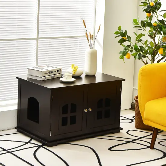 Large Wooden Cat Litter Box Enclosure Hidden Cat Washroom with Divider White {7}