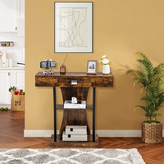 Console Table with Drawer and 2-Tier Shelves for Entryway Living Room Rustic Brown {1}