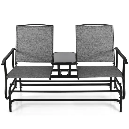 2-Person Double Rocking Loveseat with Mesh Fabric and Center Tempered Glass Table Grey {2}