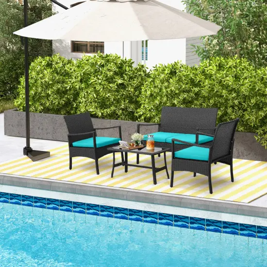 4 Pieces Outdoor Rattan Conversation Set with Tempered Glass Coffee Table Black And Turquoise {1}