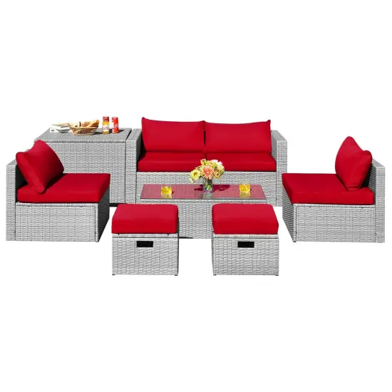 8 Pieces Patio Rattan Furniture Set with Storage Waterproof Cover and Cushion Red {3}