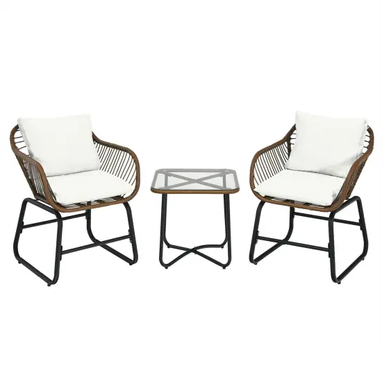 3 Pieces Patio Rattan Bistro Set Cushioned Chair Glass Table Deck White {3}