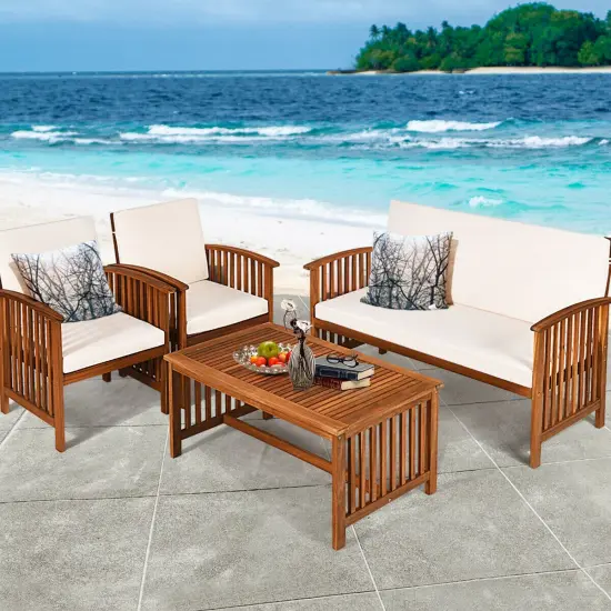 4 Pieces Patio Solid Wood Furniture Set Beige {6}