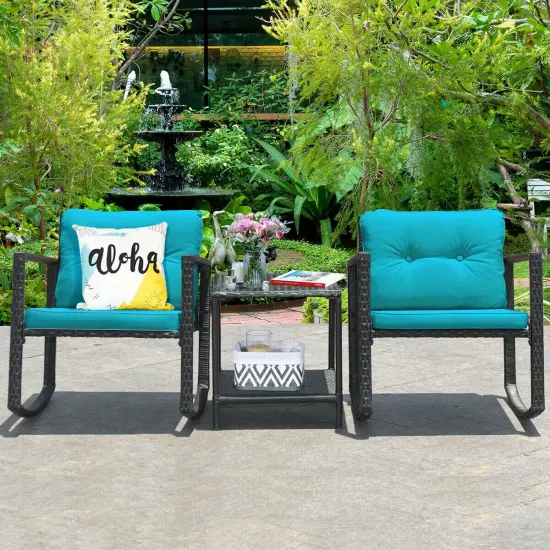 3 Pieces Wicker Rocking Bistro Set with Glass Coffee Table and Storage Shelf Blue {1}