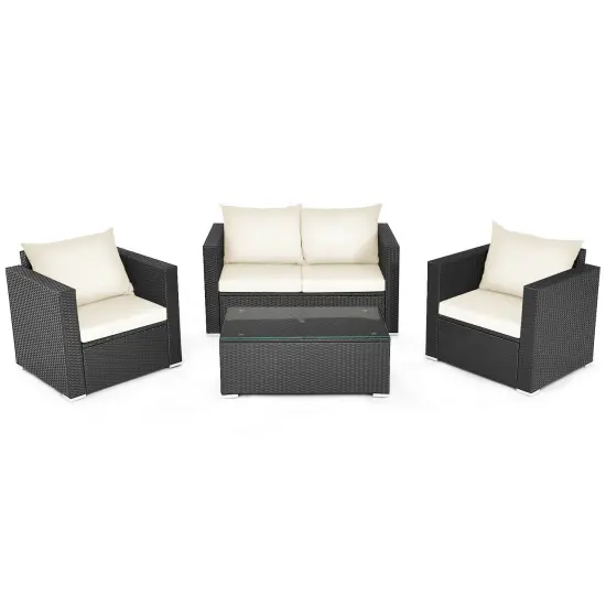4Pcs Patio Rattan Cushioned Furniture Set White {3}