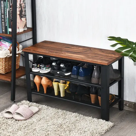 3-Tier Shoe Rack Industrial Shoe Bench with Storage Shelves Brown {2}