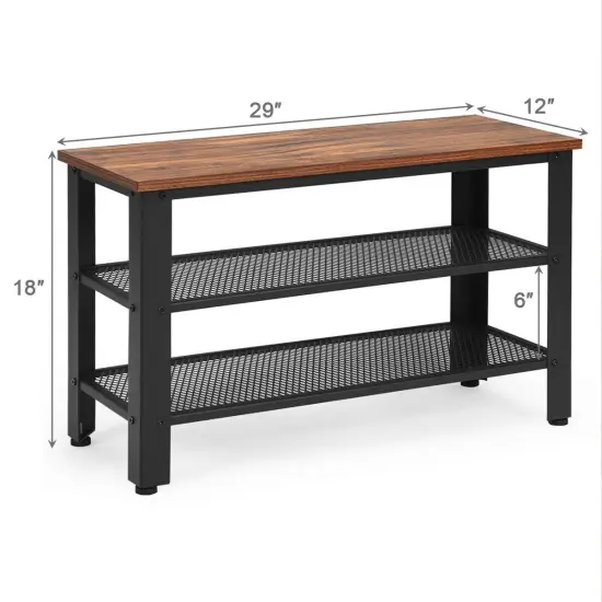 3-Tier Shoe Rack Industrial Shoe Bench with Storage Shelves Brown {4}