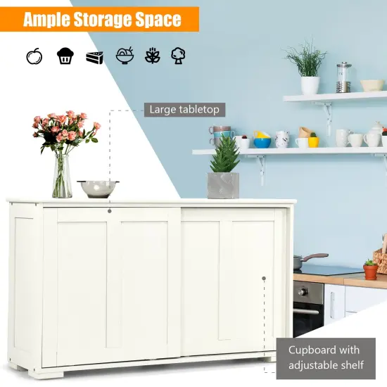 Kitchen Storage Cupboard Cabinet with Sliding Door and Adjustable Shelf Cream White {6}