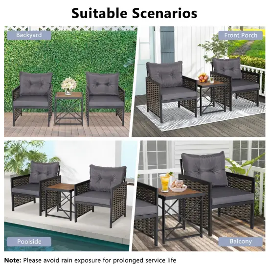 3 Piece Patio Rattan Furniture Set with Acacia Wood Tabletop Grey {3}