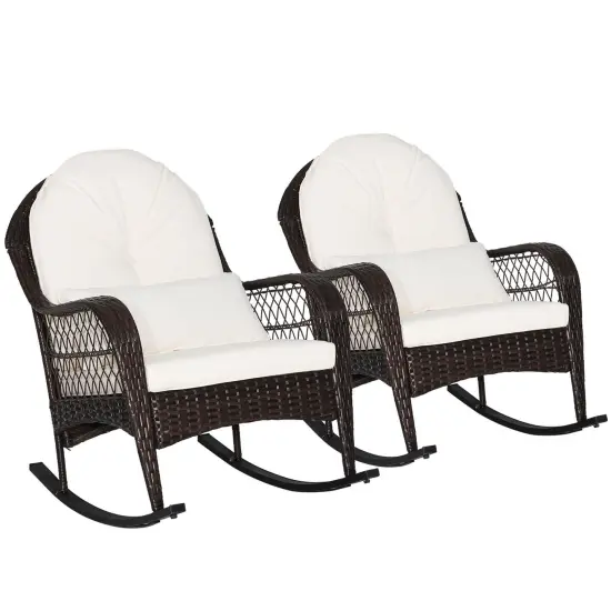 Patio Rattan Rocking Chair with Seat Back Cushions and Waist Pillow White {4}