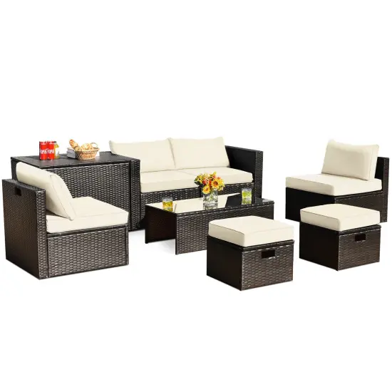 8 Pieces Patio Space-Saving Rattan Furniture Set with Storage Box and Waterproof Cover White {3}