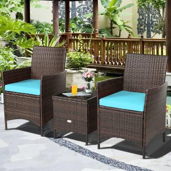 3 Pieces Patio Rattan Furniture Set Cushioned Sofa and Glass Tabletop Deck Blue {2}