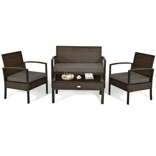 4 Pieces Patio Rattan Cushioned Furniture Set with Loveseat and Table Brown {3}