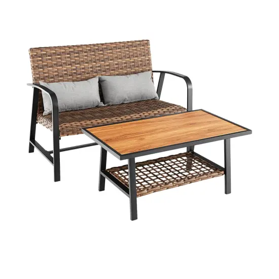 2 Pieces Patio Rattan Coffee Table Set with Shelf {3}