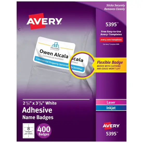 Avery Flexible Printable Name Tags, 2-1/3" x 3-3/8", Matte White, 400 Removable Name Badges for Laser and Inkjet Printers (5395) {1}