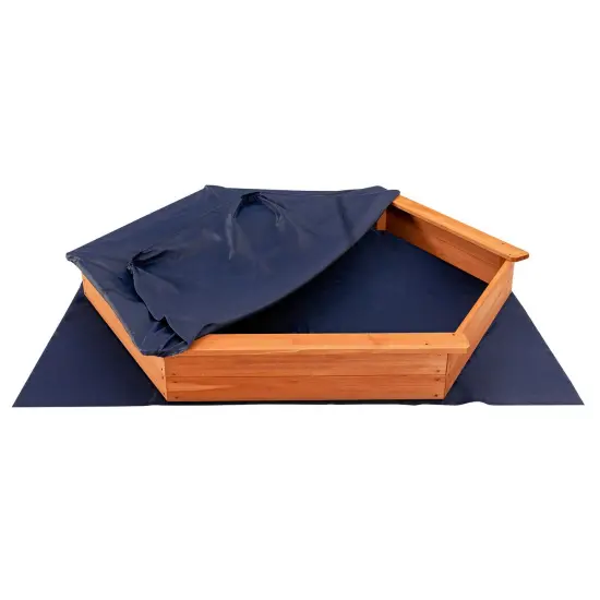 Hexagon Wooden Cedar Sand Box with Seat Boards {4}