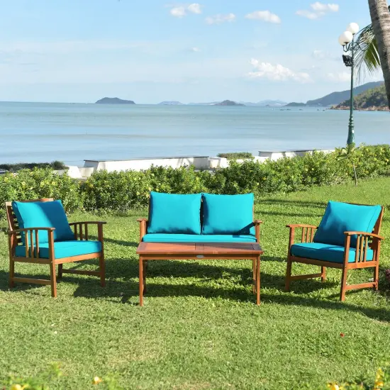 4 Pieces Wooden Patio Furniture Set Table Sofa Chair Cushioned Garden Turquoise {2}