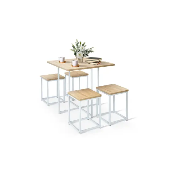 5 Pieces Metal Frame Dining Set with Compact Dining Table and 4 Stools Natural -White {2}