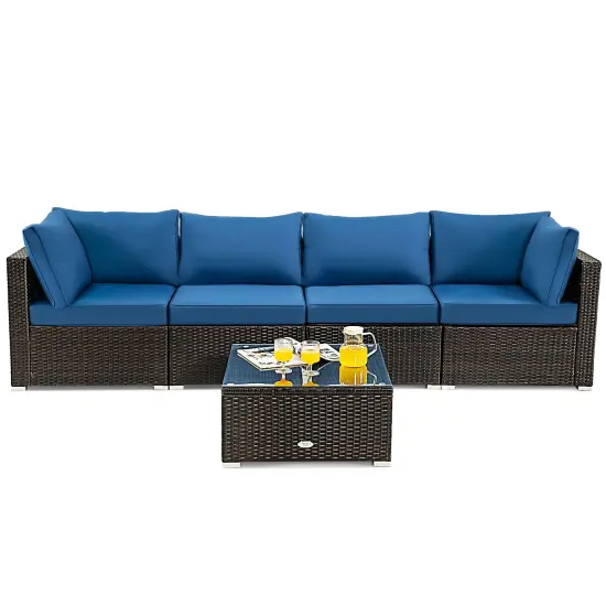 5 Pieces Cushioned Patio Rattan Furniture Set with Glass Table Navy {4}