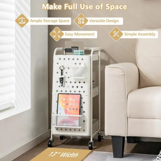 3-Tier Utility Storage Cart with DIY Pegboard Baskets and 4 Hanging Hooks for Any Room White {3}