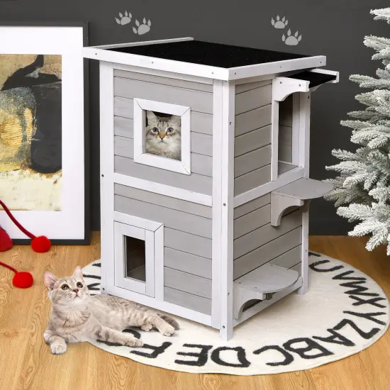 2-Story Wooden Cat House with Escape Door Rainproof {1}