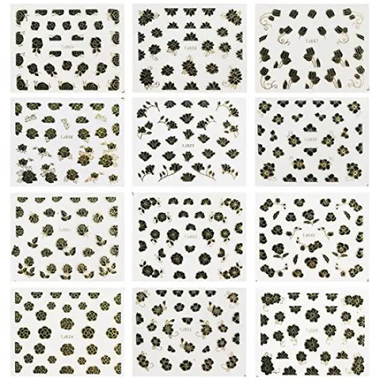 Wrapables 12 Sheets Black Flower with Gold Trim Nail Stickers Nail Art {2}