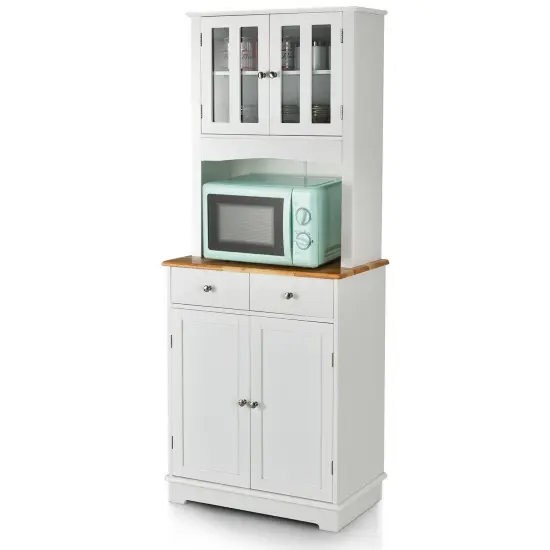 Kitchen Pantry Cabinet with Wood Top and Hutch-White {4}