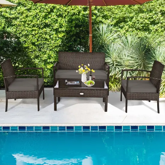 4 Pieces Patio Rattan Cushioned Furniture Set with Loveseat and Table Brown {2}
