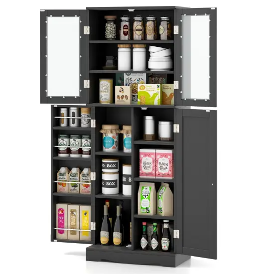 Tall Kitchen Pantry Cabinet with Dual Tempered Glass Doors and Shelves Black {3}
