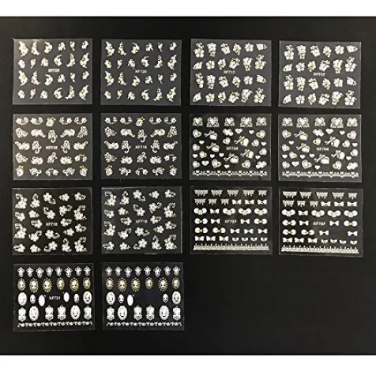 Wrapables 50 Sheets White Flowers & Bows with Gold Rhinestone Nail Stickers Nail Art 3D Nail Decals {4}