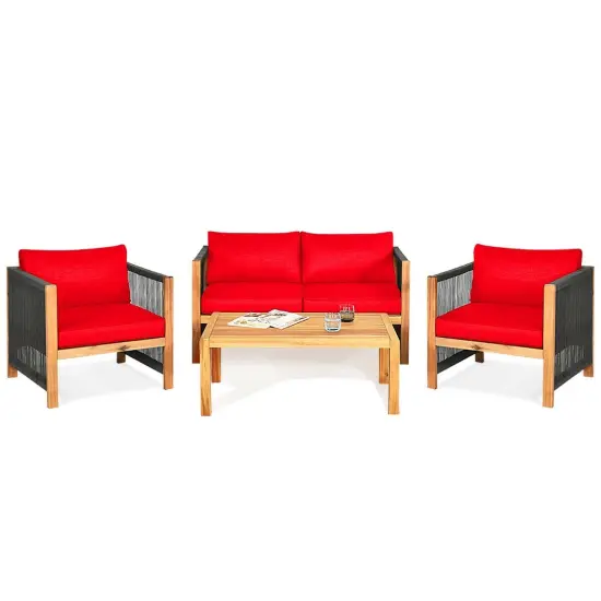 4 Pcs Acacia Wood Outdoor Patio Furniture Set with Cushions Red {1}