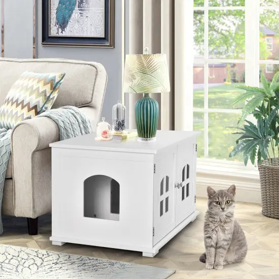 Large Wooden Cat Litter Box Enclosure Hidden Cat Washroom with Divider White {6}