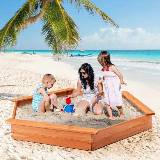 Hexagon Wooden Cedar Sand Box with Seat Boards {1}