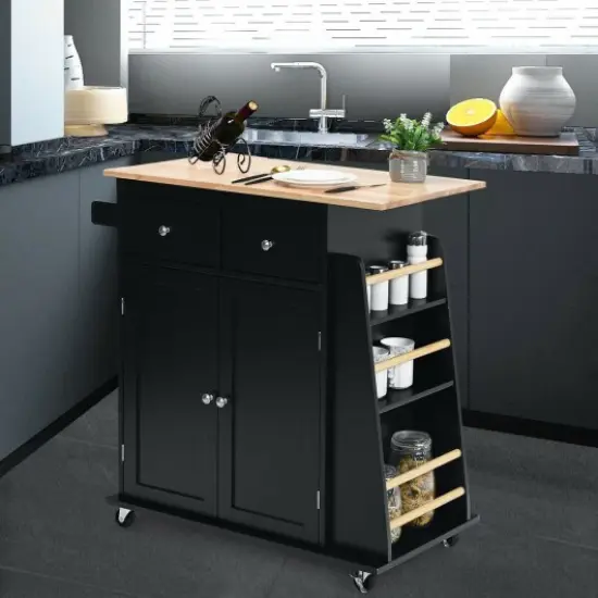 Rubber Wood Countertop Rolling Kitchen Island Cart Black {1}