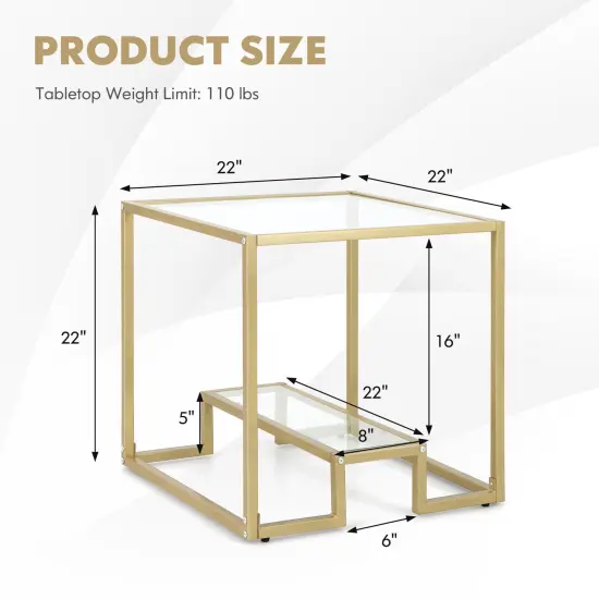 22 Inch 2-Tier Square Sofa Side Table with Tempered Glass Tabletop-Golden {5}